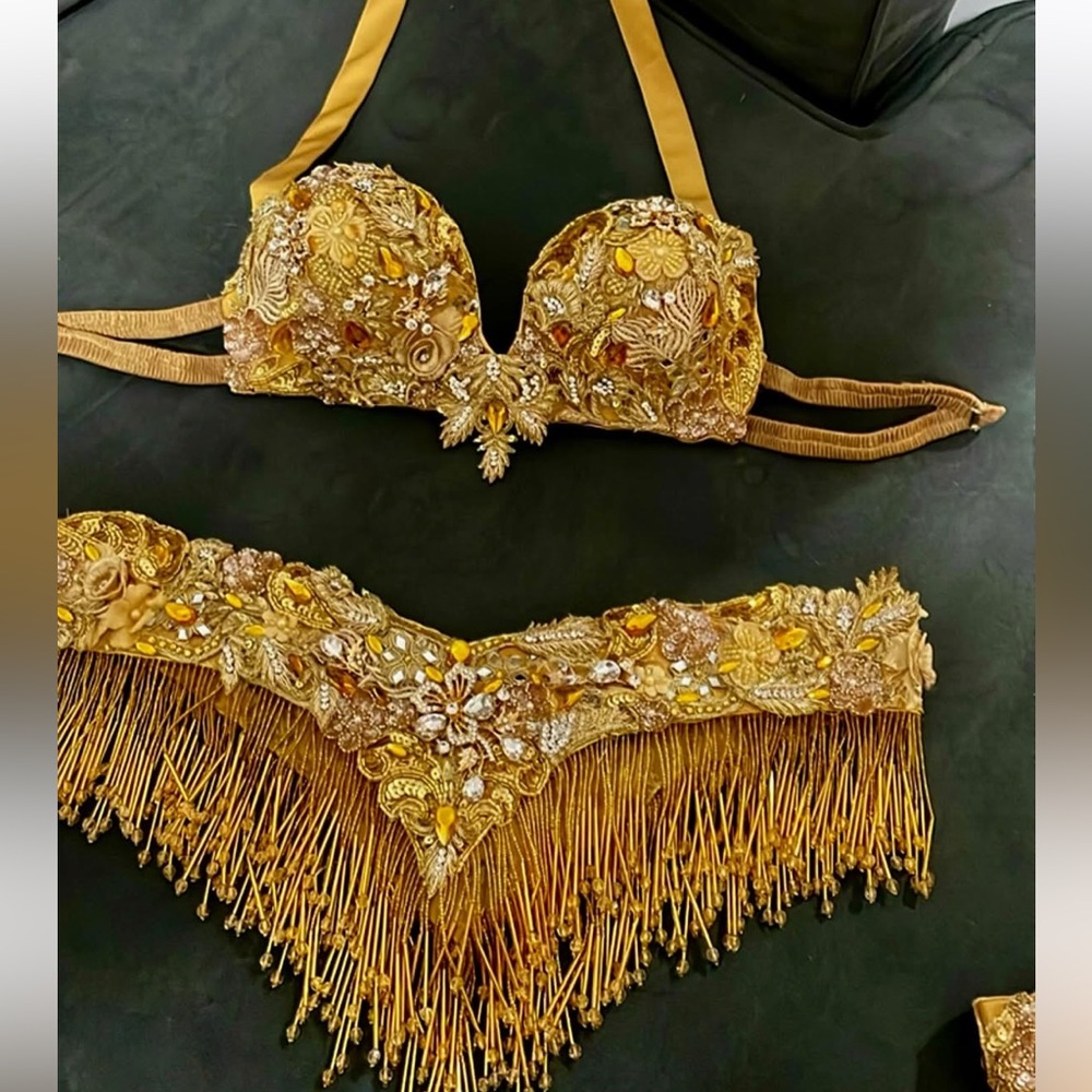Golden Girl Bellydance Costume Embellished Crystal Bra and belt Set